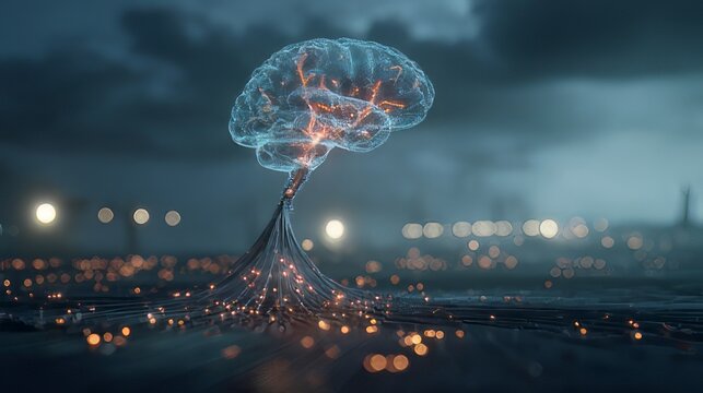 Artificial intelligence and neural networks for advanced technology, cognitive convergence of human cognition and machine learning. Brain is connected to a vast, sprawling lines, nodes networks.