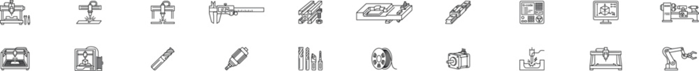 cnc machining and manufacturing outline icons set with milling machine lathe cutter drill caliper robot cad monitor and industrial equipment isolated on transparent background © Kateryna