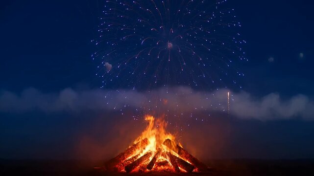Vibrant Bonfire with Fireworks Display in Night Sky Celebration Scene