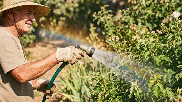 Gardener watering plants with a hose in a sunny garden.