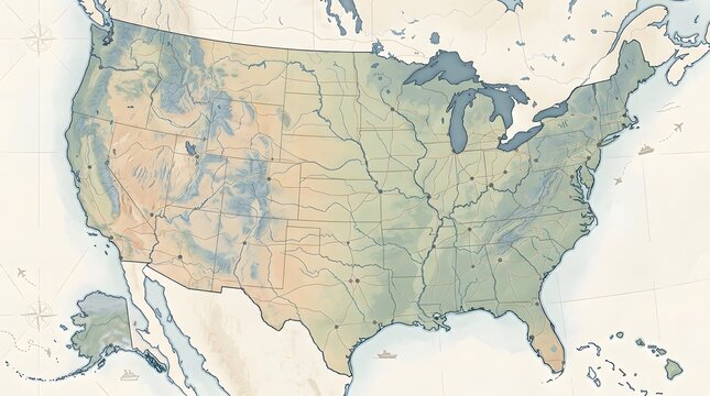 Detailed topographic map of the United States with elevation shading