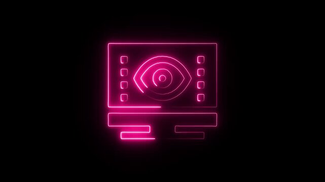 Neon glowing security camera icon surveillance protection and modern technology visual representation