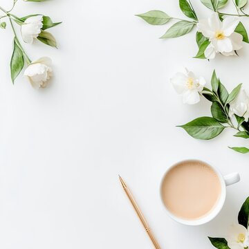 Elegant flat lay with coffee, flowers, and a pen on white background.
