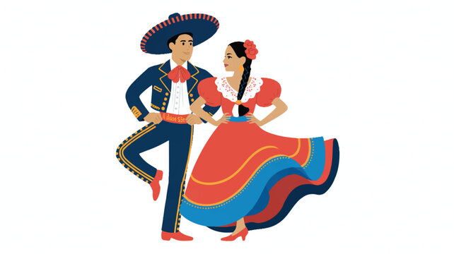Mexican couple in traditional dance attire performing folk dance