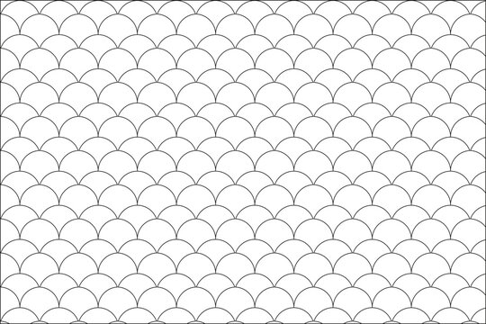 Seamless pattern of overlapping fish scale shapes in black outline on a white background, a simple geometric