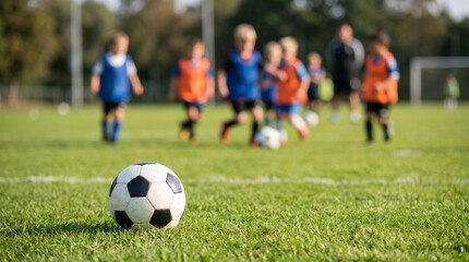 Obraz premium Classic soccer ball on a lush green grass field with a heavily blurred background of children playing, concept of youth sports training and active childhood