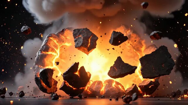 Conceptual brain exploding into fragments with fire and smoke. Mental burnout and creative breakthrough metaphor. Static wide shot.