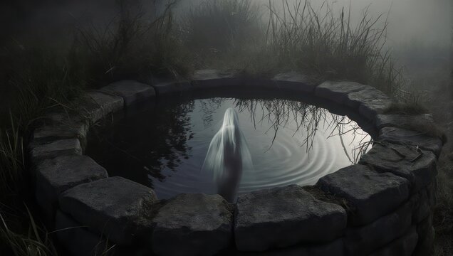 Stone-lined pool reflecting light in a dark, mysterious setting.