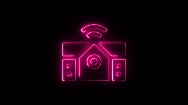 Neon glowing smart home security system icon wireless camera with motion detection and night vision capabilities