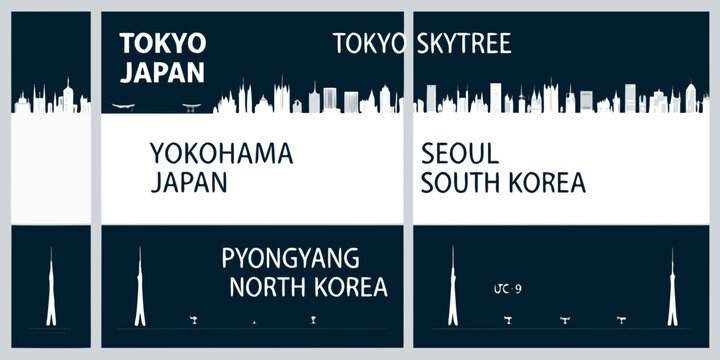 City skylines and names of major Asian cities displayed as artwork
