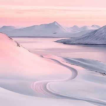 Serene Winter Landscape - Snow-Covered Mountains and Frozen Lake under a Pink Sky.