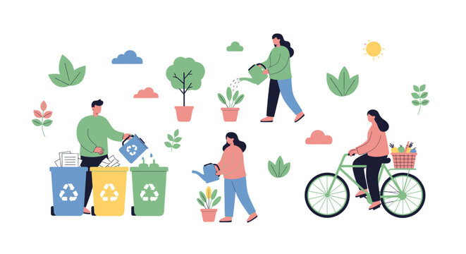 People recycling and planting trees together.