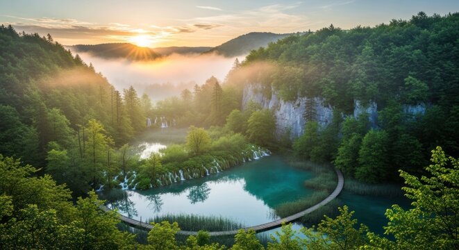Breathtaking Sunrise Over Plitvice Lakes National Park Croatia A Natural Paradise.