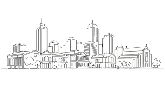 Hand drawn ink sketch of a generic modern city skyline.