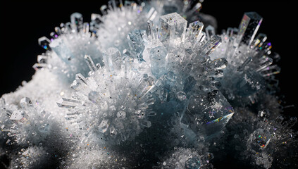 Obraz premium Macro Close-Up of Sparkling White Quartz Crystal Clusters with Rainbow Iridescent Reflections on Dark Black Background, Natural Mineral Gemstone Photography