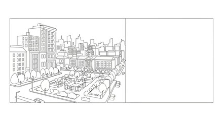Line art sketch of a city square with surrounding buildings. © RohimanMan