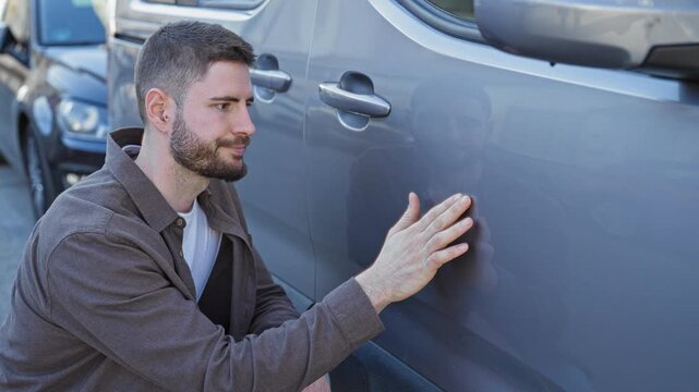 Man pressing hand to dent on silver van door while inspecting deep scratch near handle on street; concern repair cost.