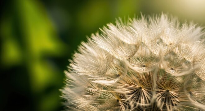 Closeup of a Dandelion Seed Head Against a Blurred Green Background 1.