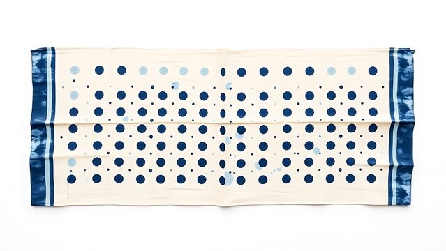 Traditional Japanese indigo polka dot cloth fully unfolded on white background.