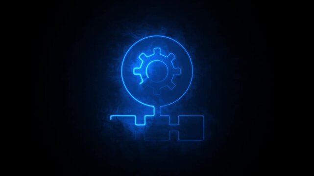 Neon blue tech icon gears circuits and puzzle pieces a futuristic digital illustration