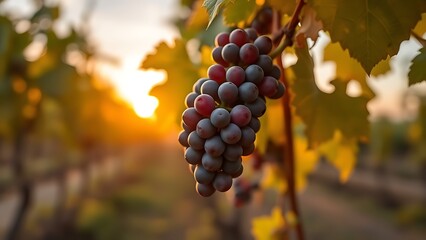 Fototapeta premium A cluster of small round Dolcetto grapes on the vine at sunset in an Italian vineyard.