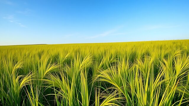 Vast meadow of lush perennial ryegrass waving under a clear blue sky.