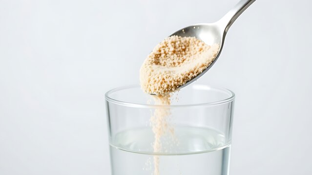 Spoonful of psyllium husk powder being poured into glass of water.