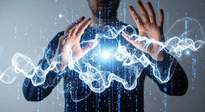 Man manipulating glowing digital particle wave and binary code
