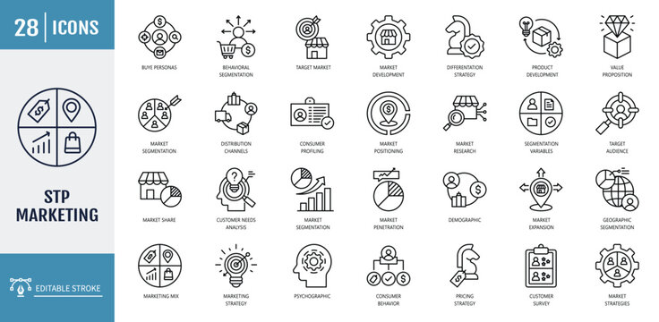 Stp marketing icon set. Icons related to target audience, customer needs, value proposition, loyalty program, marketing mix, retention. Outline icon set. Vector illustration with editable stroke
