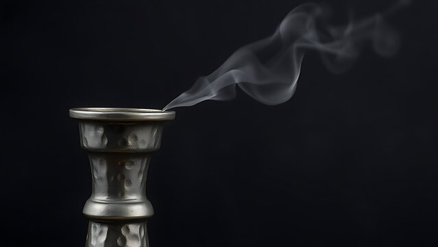 Close-up of an antique pewter flagon with hammered texture and rising vapor.