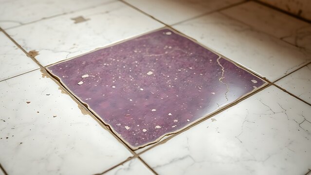 A worn purple porphyry tile set within white marble, ancient floor detail.