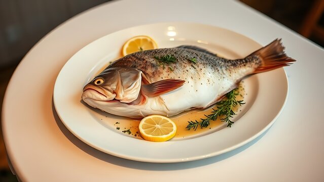A cooked whole turbot on a white porcelain plate with lemon slices and fresh herbs.