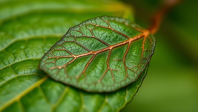 A single leaf with its veins intricately electroplated in copper, contrasting with the green surface.