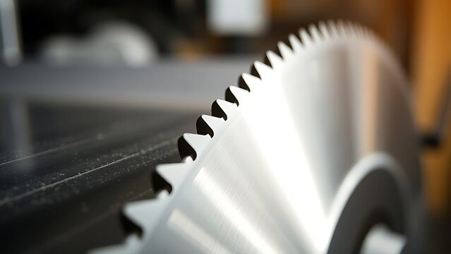 Close-up detail of a serrated metal bandsaw blade in a workshop.