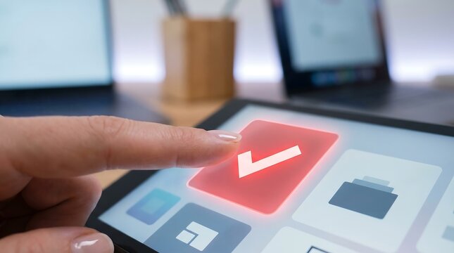 Close up of a hand touching a digital tablet screen to select a glowing red checkmark icon.