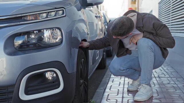 Man crouches and checks a car tire with his hand, leaning closely to inspect the wheel and rim while parked along a narrow urban street; concern.