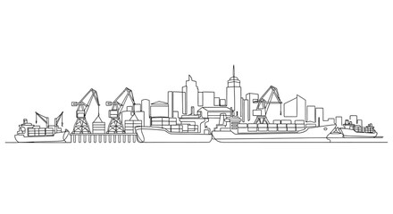 Obraz premium Continuous line drawing of a bustling industrial harbor and cityscape skyline.