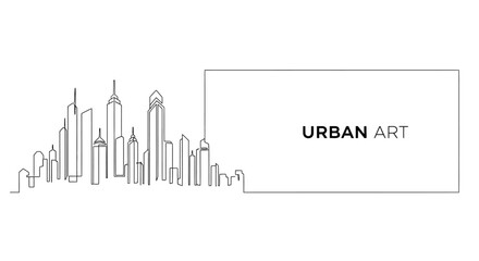 Fototapeta premium Minimalist continuous line art drawing of a city skyline with urban art text.