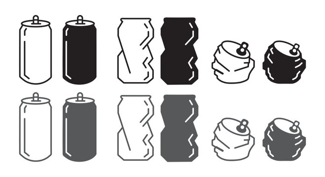Vector set of aluminum soda cans in various stages of crushing, crushed and crumpled tin can icons for recycling and waste management