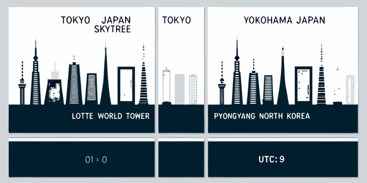 Minimalist skyline art featuring Tokyo Yokohama and Pyongyang cityscapes