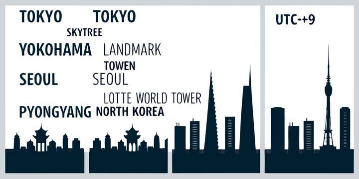 East Asian city skylines featuring prominent landmarks and time zones