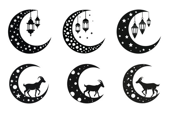 Islamic crescent moon and lantern, goat silhouette eid al adha  elements icons.