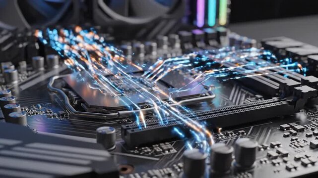Advanced Computer Motherboard with Glowing Data Streams.