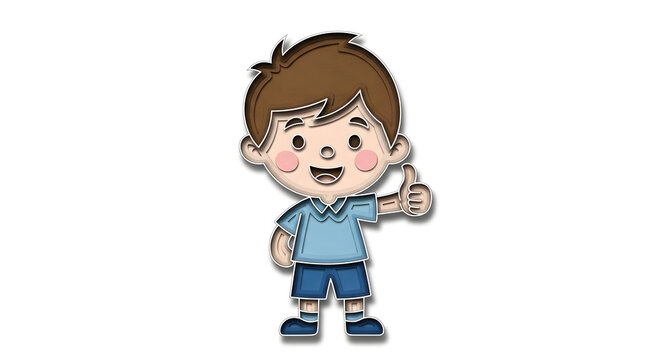 Cartoon boy character giving thumbs up gesture wearing blue shirt and shorts in layered paper cut style.