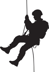 Fototapeta premium Person rappelling down a vertical rope with safety gear attached.