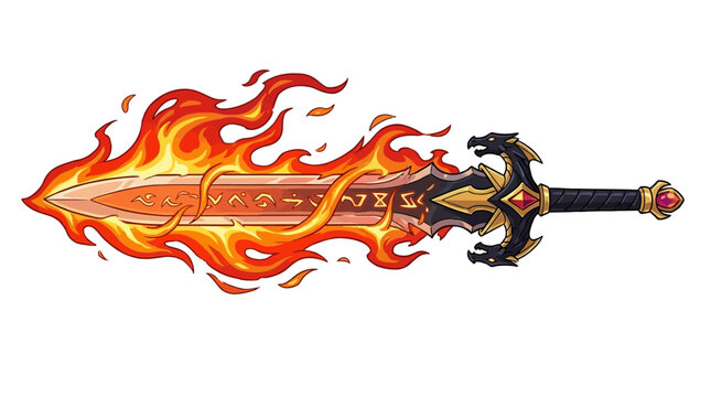 Fantasy glowing magical sword engulfed in mystical flames.