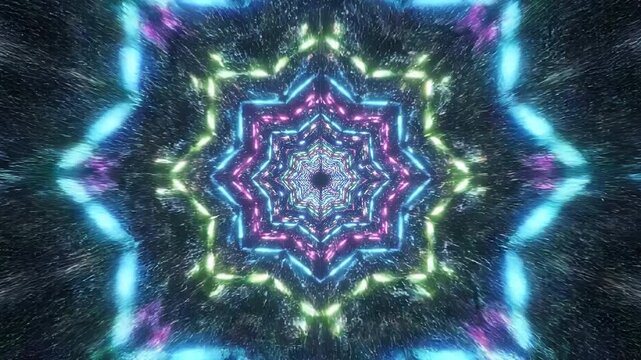 Vibrant Starry Tunnel: A mesmerizing visual journey through an endless tunnel of glowing neon stars, showcasing the dazzling interplay of lights and geometric shapes. 