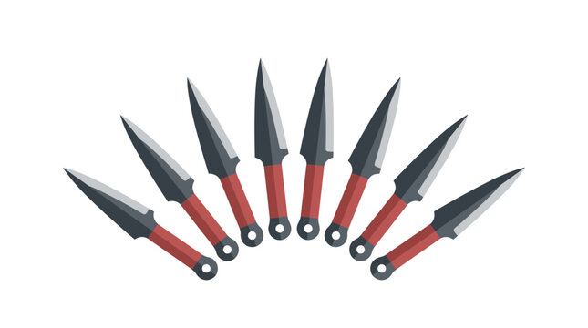 A set of eight sharp kunai throwing knives arranged in a fan shape.