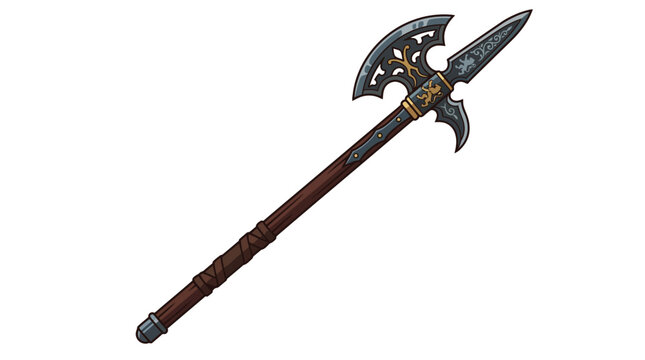 Fantasy medieval halberd weapon with ornate axe blade and wooden handle isolated on white background.