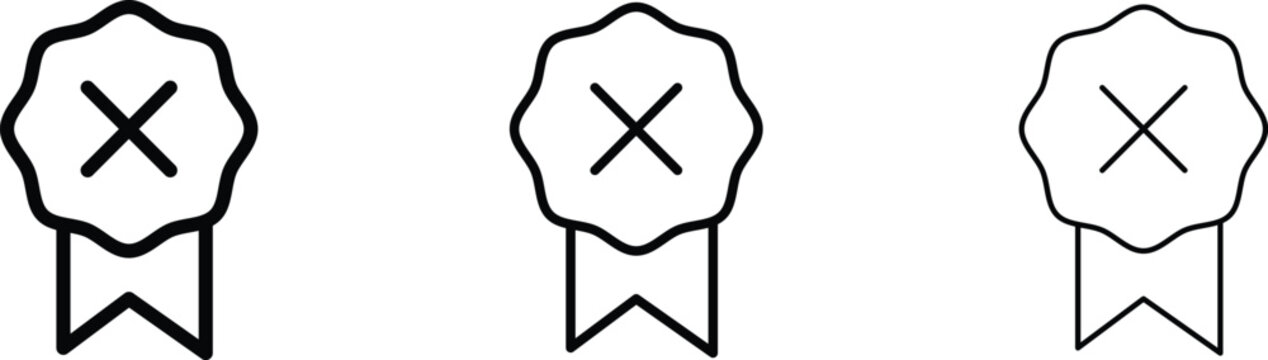 Minimalist rejection medal icons with cross mark, set of three black outline award ribbons, failed certification and quality control symbols